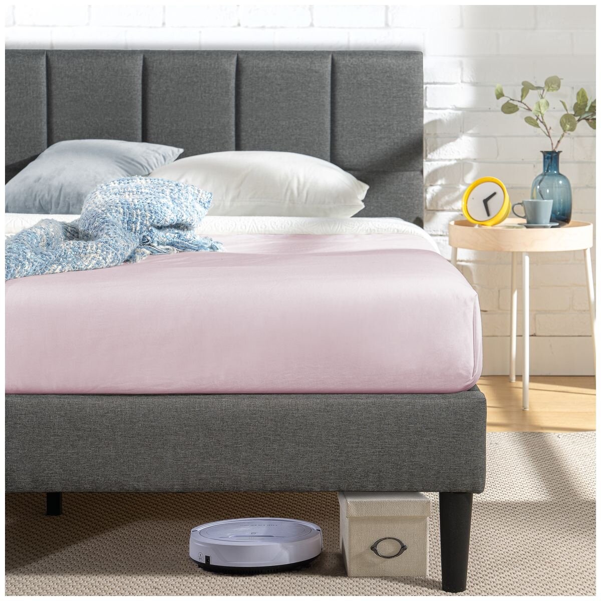 Zinus Leo Fabric Bed Frame King - Dark Grey, Foam Padded Headboard, Wooden Slats - AU-FSPBO-K