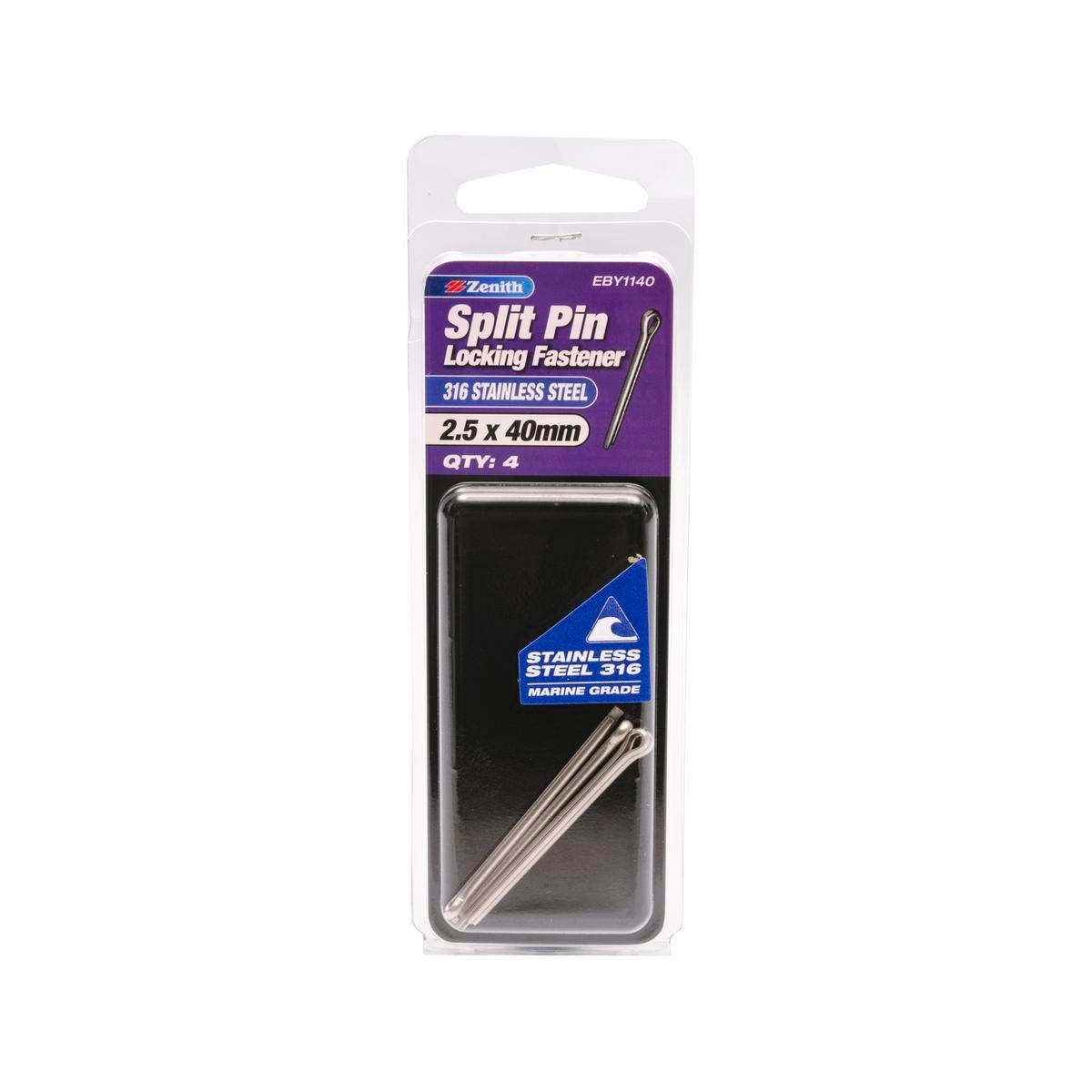 Zenith Split Pin 2 5 x 40mm 316 Stainless Steel 4 Pack Corrosion Resistant - SuperSaverAU - view 1