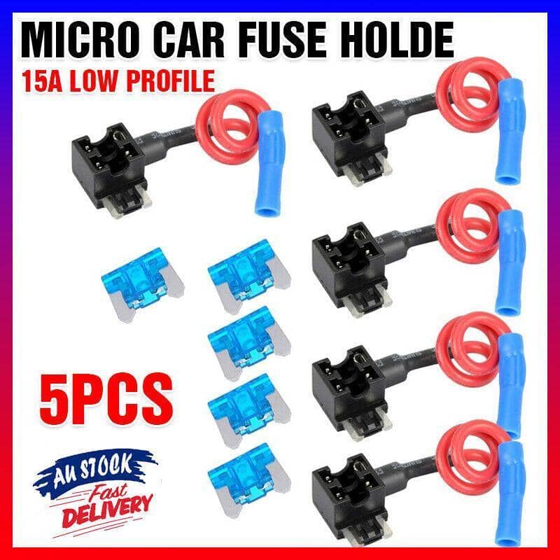 Add-A-Circuit Low Profile Fuse Tap Holders for 12V Cars - Pack of 5 with 15A Fuses