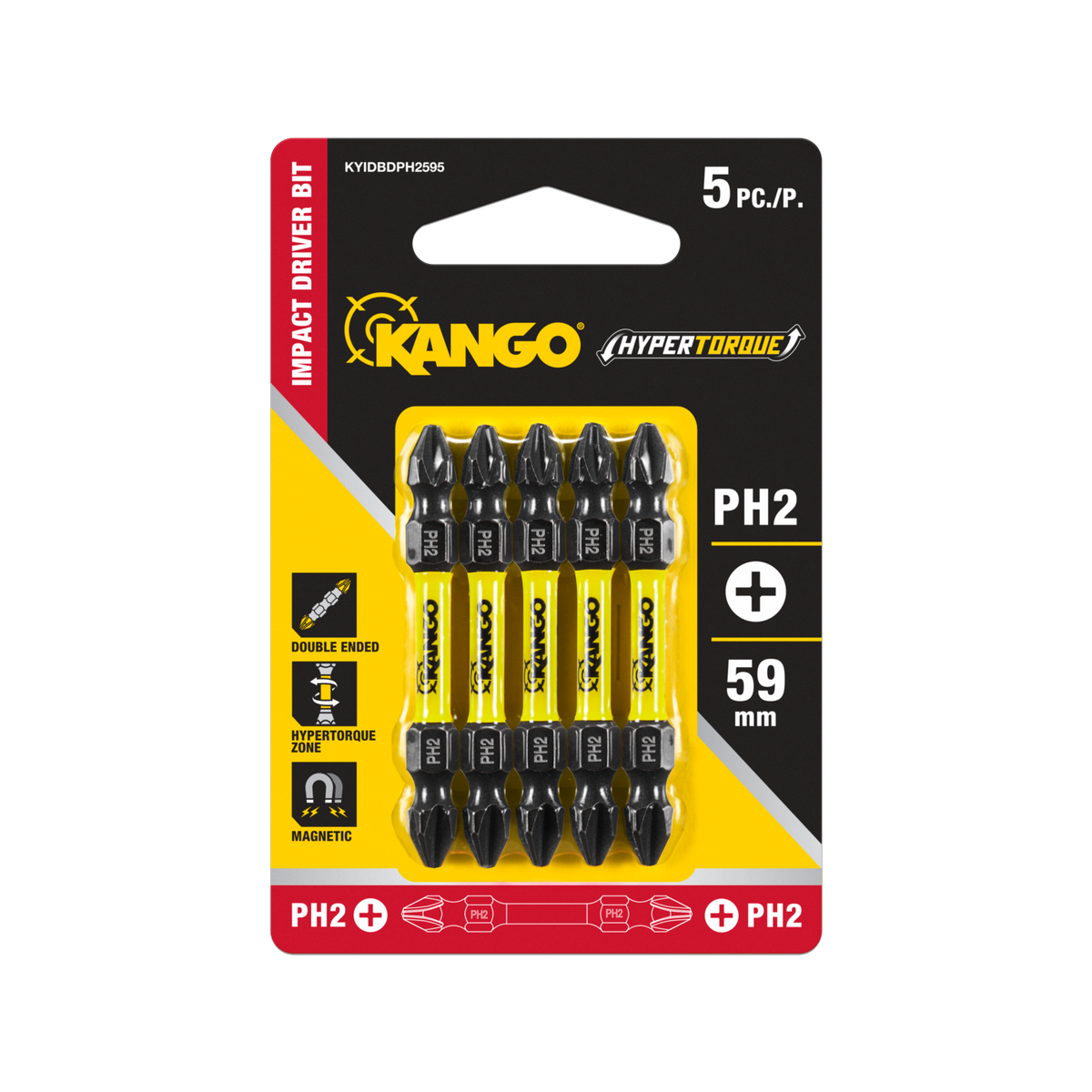 Kango Hypertorque Double Ended Impact Driver Bits 5 Pack - 59mm PH2 - Durable Performance - SuperSaverAU - view 1
