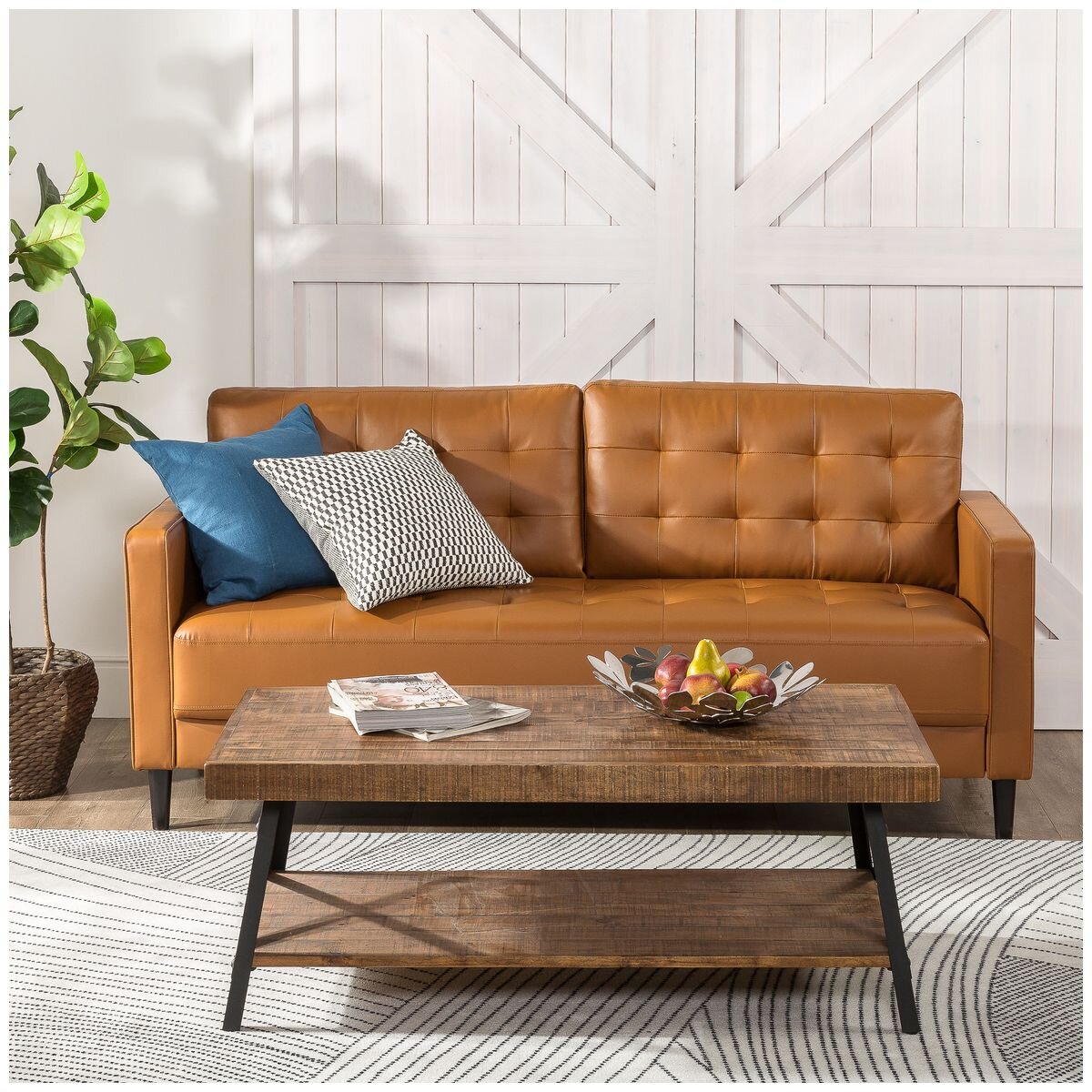 Zinus Benton 3 seater faux leather sofa - cognac, grid tufted, tapered wooden legs - AU-USSBTF-3CL