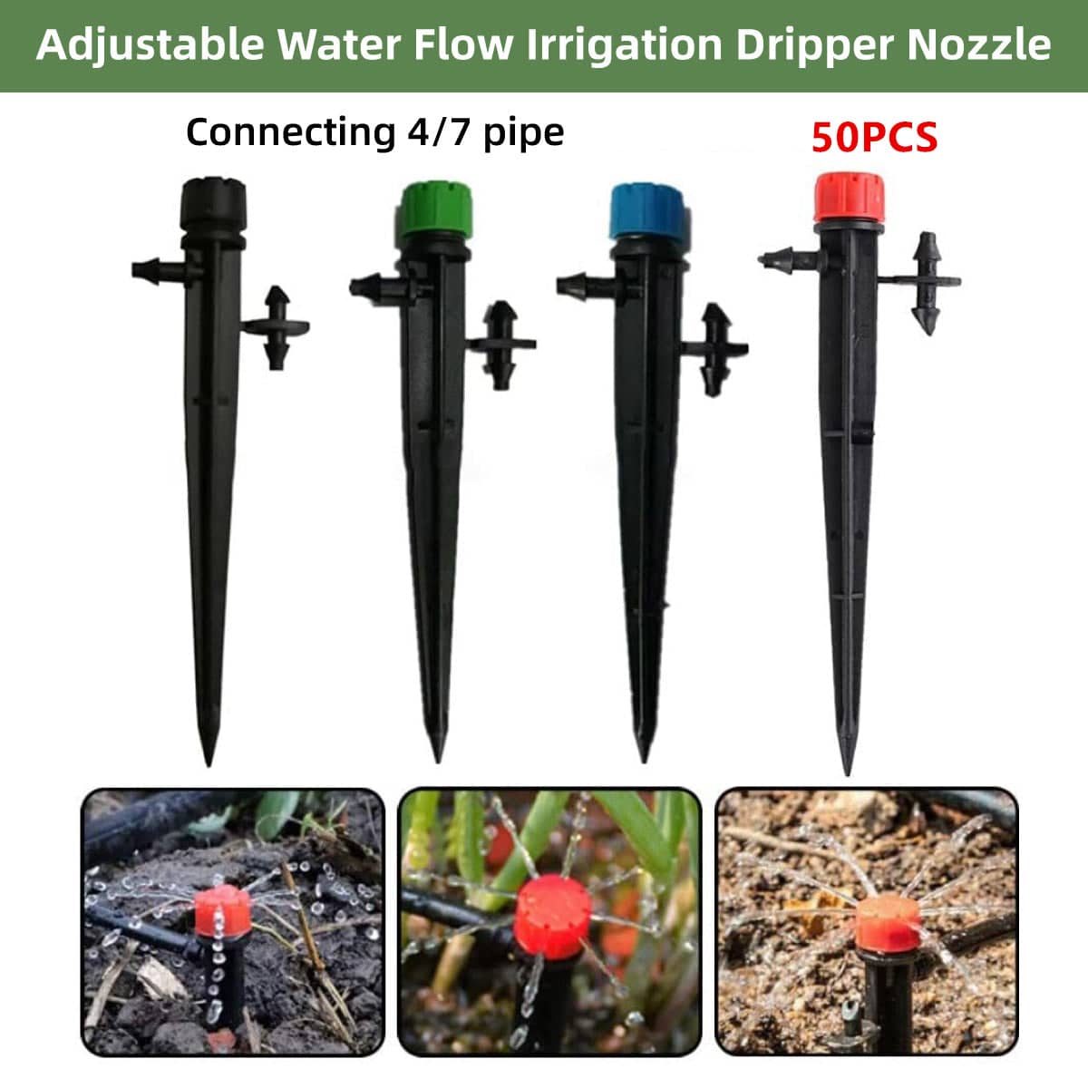 Adjustable 8-Hole Garden Dripper with Ground Stake, Pack of 50 - Green - view 2