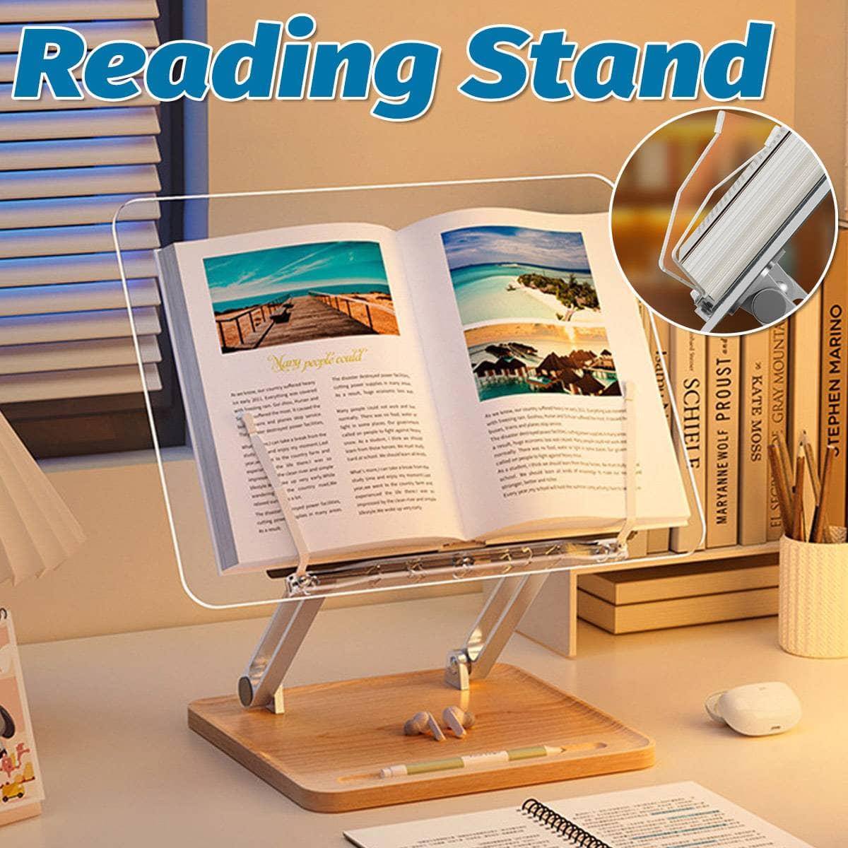 Adjustable Acrylic Desktop Reading Stand with Wood Base, Pen Slot and Book Clip