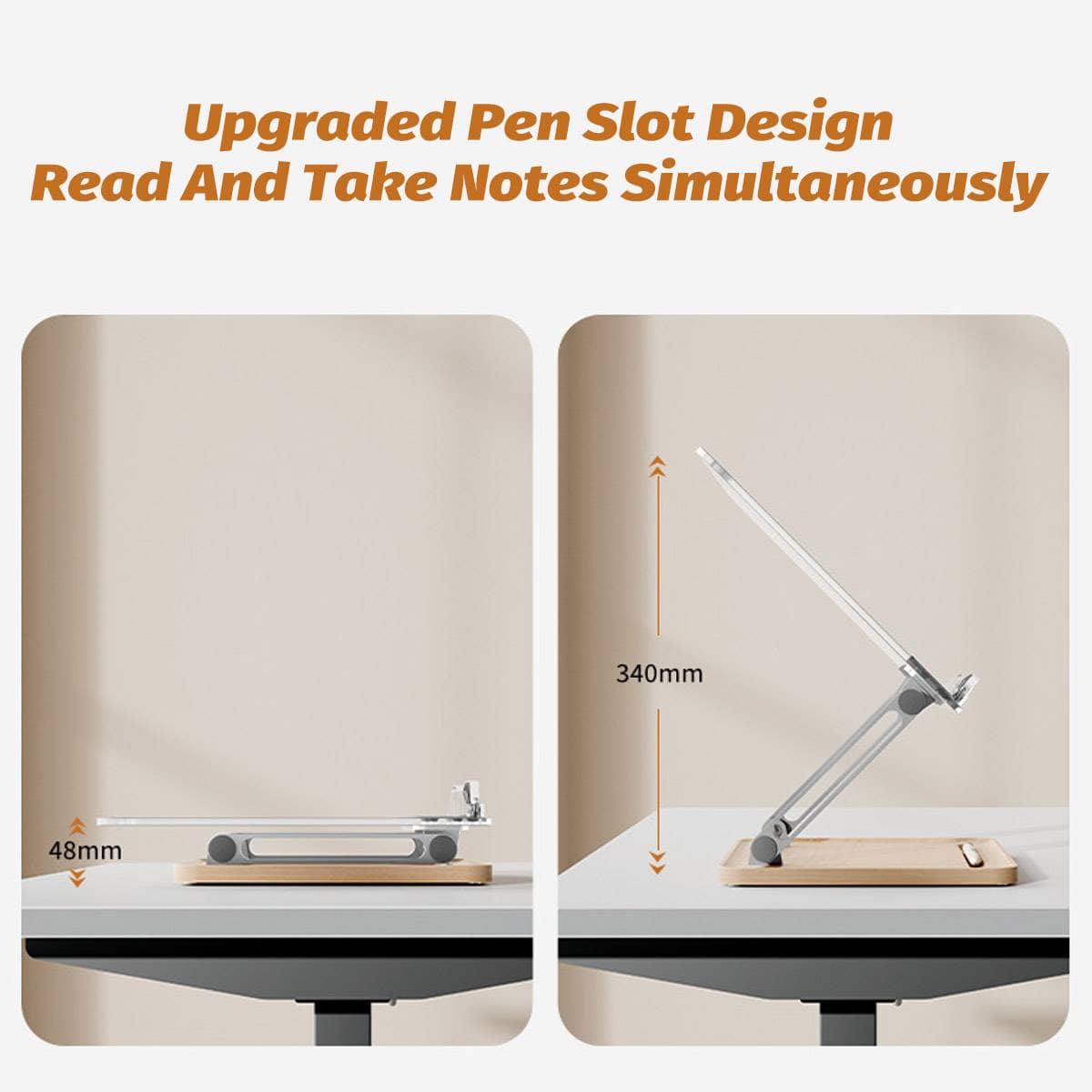 Adjustable Acrylic Desktop Reading Stand with Wood Base, Pen Slot and Book Clip - view 4