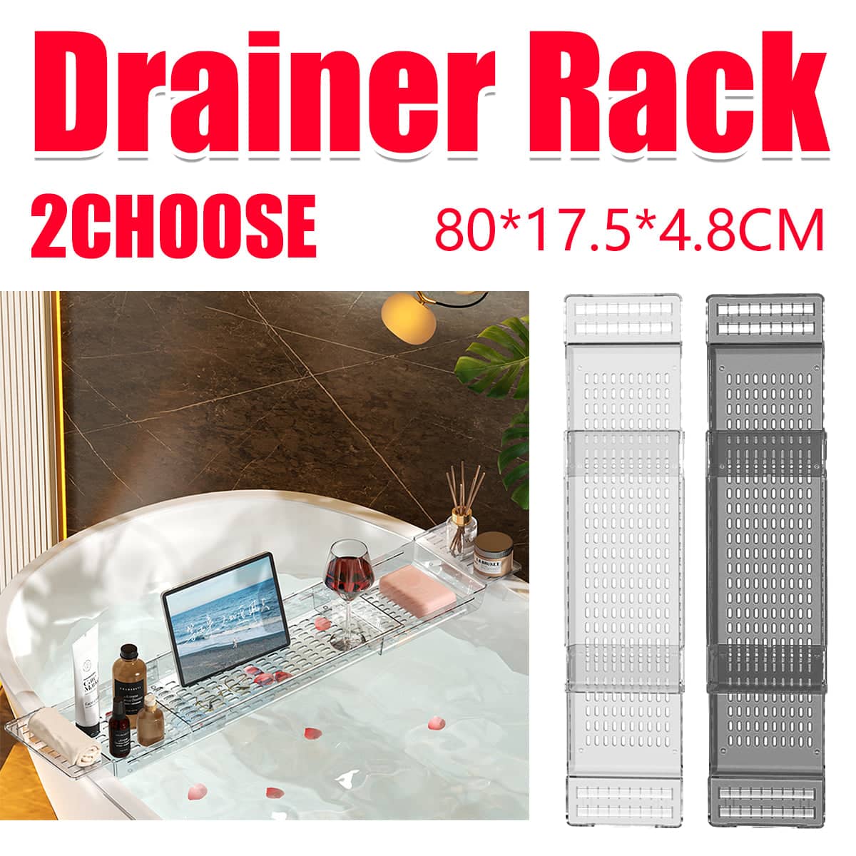 Adjustable Bath Tub Storage Shelf with Drainage for Bathroom Organiser - Clear - view 2