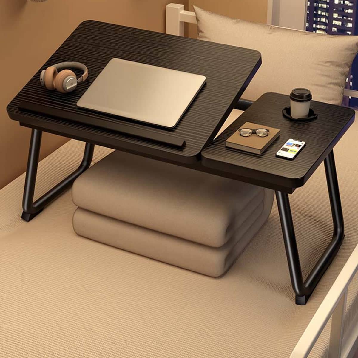 Adjustable Bedside Table with Folding Tilting Desktop, Black - view 4