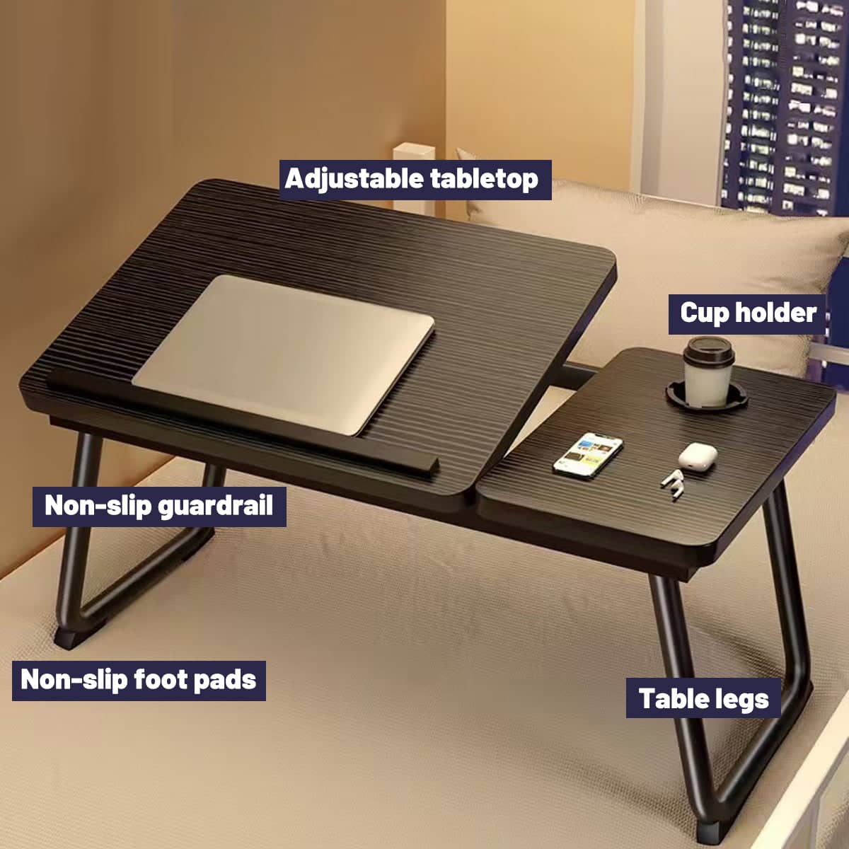 Adjustable Bedside Table with Folding Tilting Desktop, Black - view 5