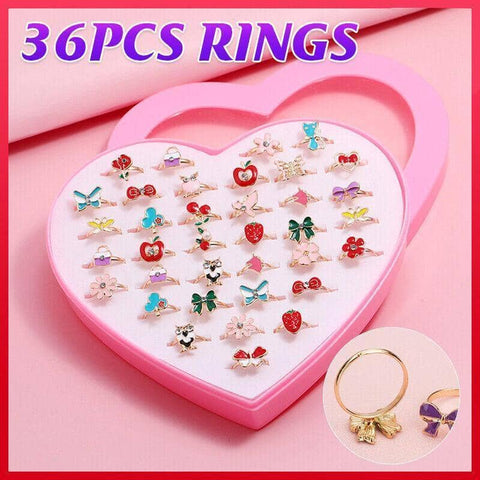 Adjustable Cartoon Rings Set for Girls, Pack of 36 Assorted Designs