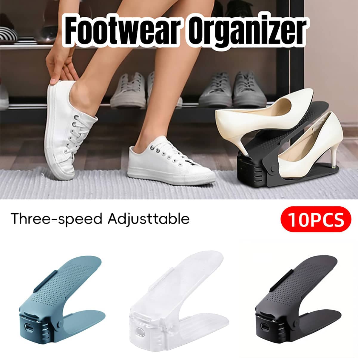 Adjustable Double Layer Shoe Racks, Pack of 10 - Black - view 2