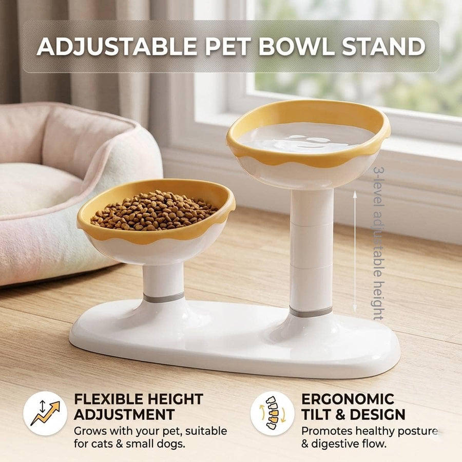 Adjustable Dual Height Pet Bowl Stand, Yellow and White
