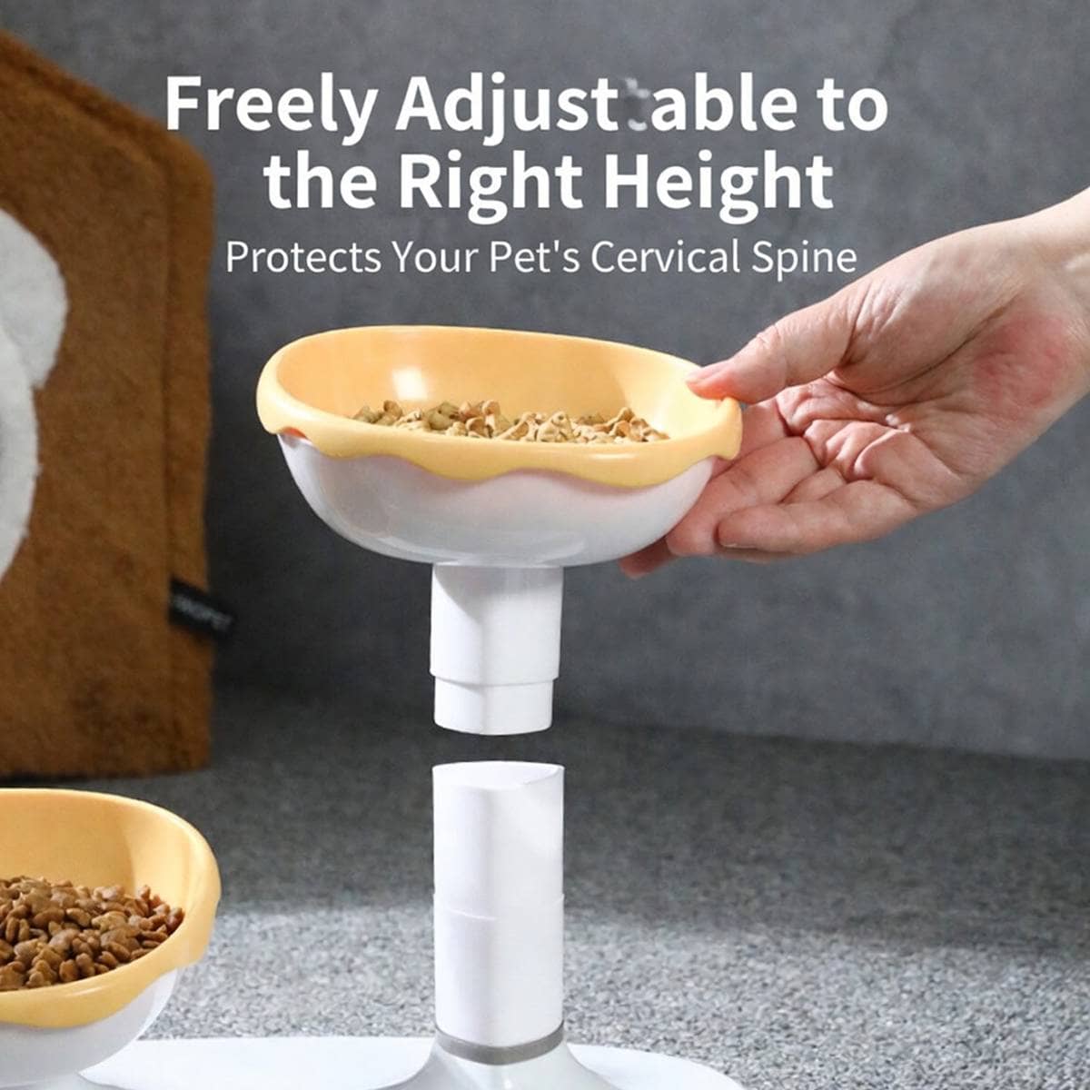 Adjustable Dual Height Pet Bowl Stand, Yellow and White - view 4