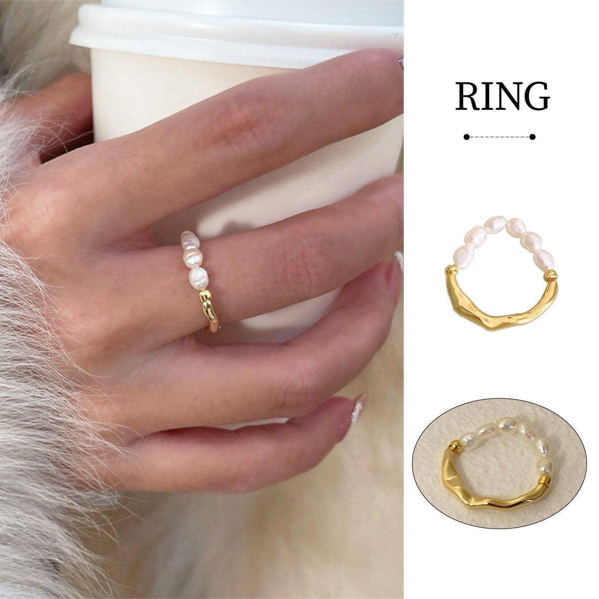 Adjustable Elastic Rope Ring for Women with Imitation Pearls and Gold-Tone Band