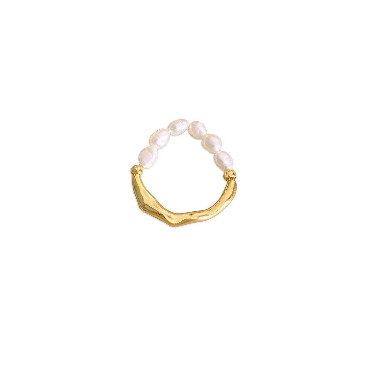 Adjustable Elastic Rope Ring for Women with Imitation Pearls and Gold-Tone Band - view 2