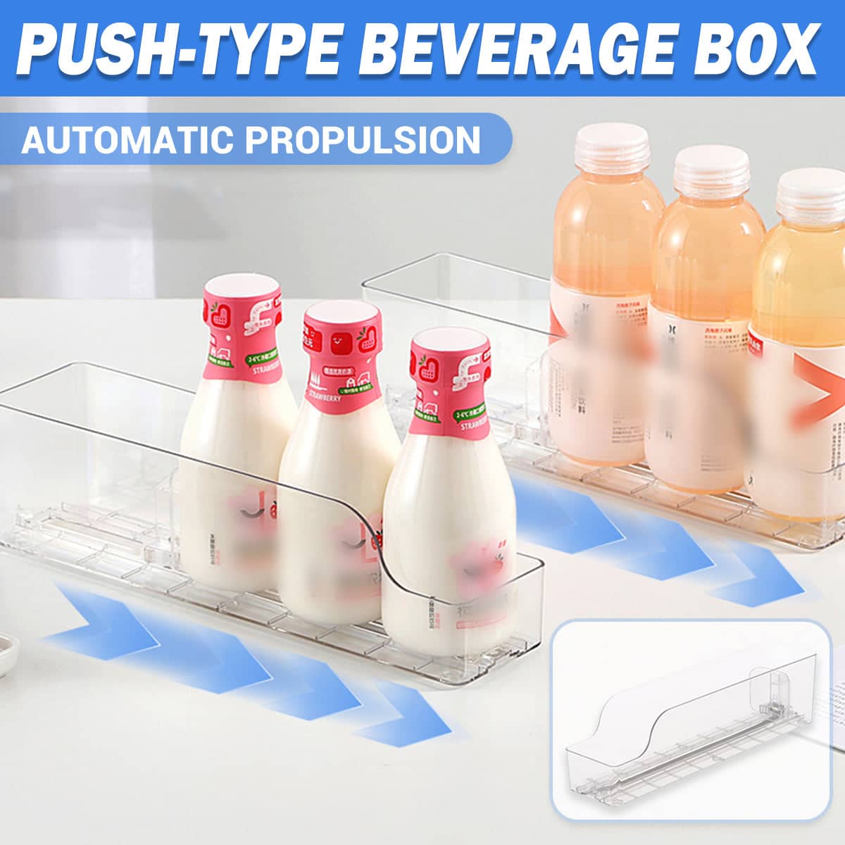 Adjustable Fridge Drink Organiser with Auto Push Forward Dispenser for Cans and Bottles