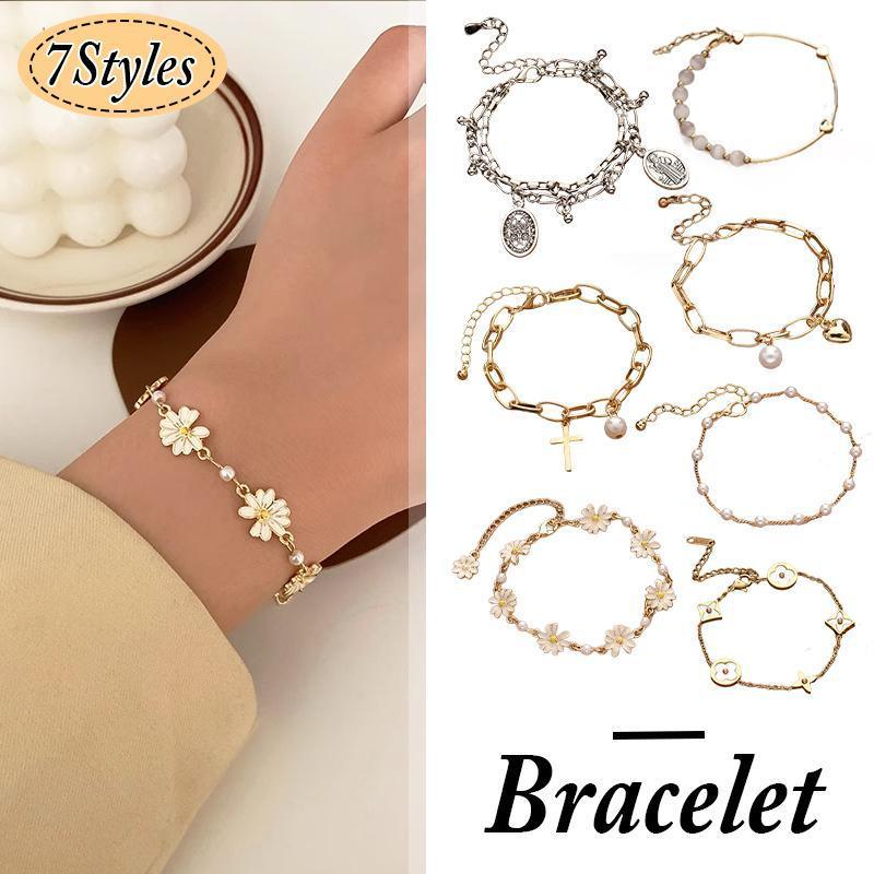 Adjustable Gold Charm Bracelet - Heart and Pearl Charms - view 2