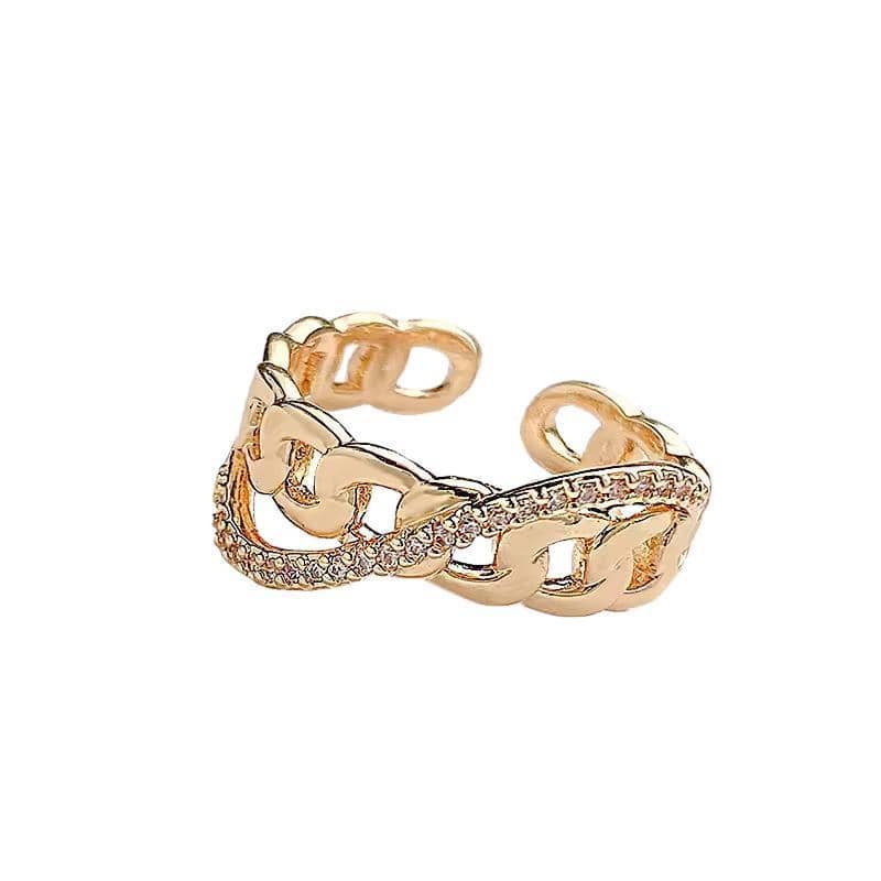 Adjustable Gold Ring for Women - Chunky Chain Link with Clear Stones