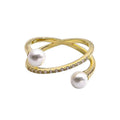 Adjustable Gold Ring for Women - Crossover Band with Two Pearl-Style Beads