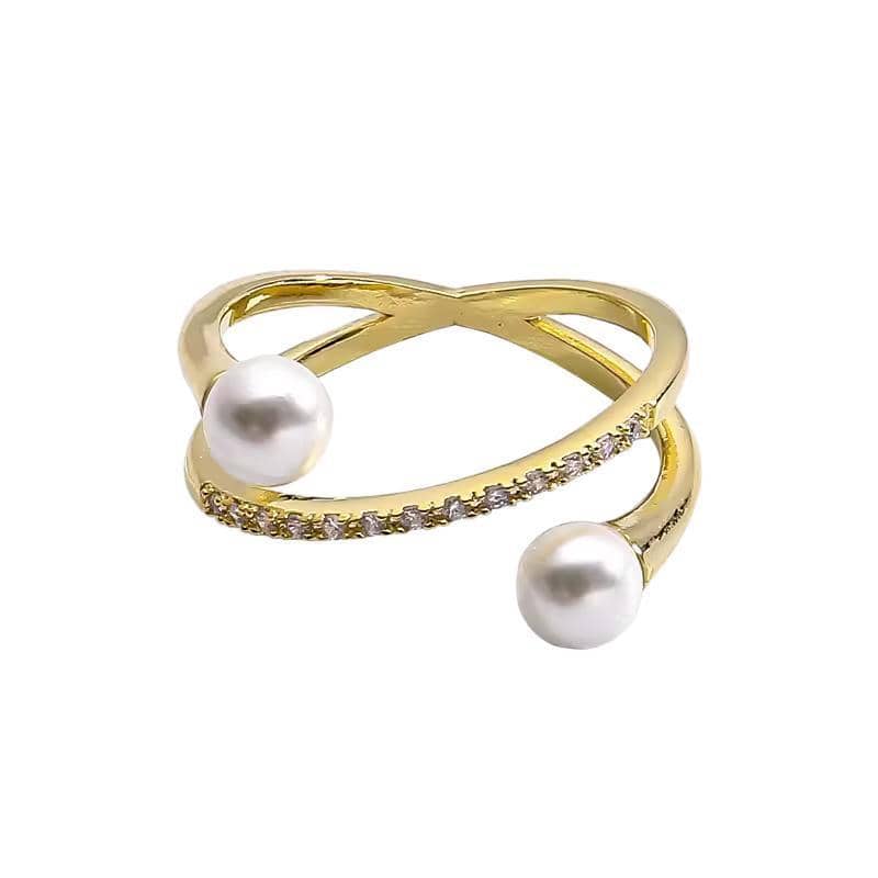 Adjustable Gold Ring for Women - Crossover Band with Two Pearl-Style Beads