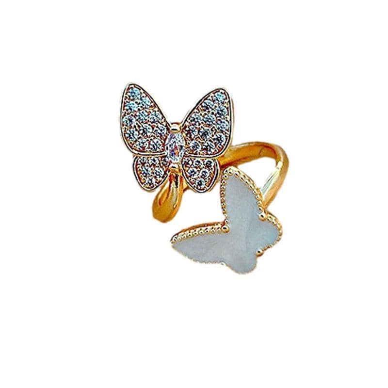 Adjustable Gold Ring for Women - Double Butterfly with Clear Stones