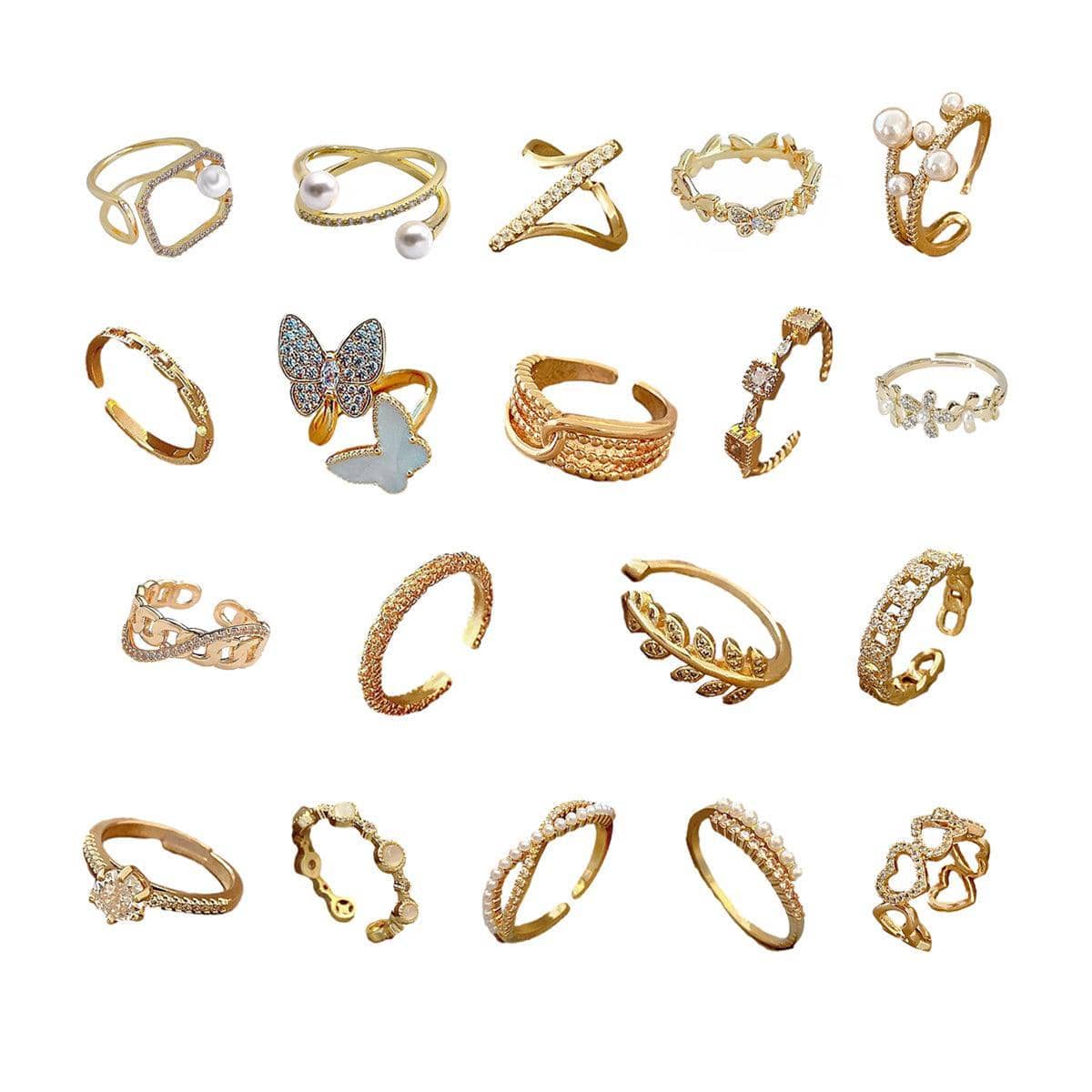 Adjustable Gold Ring for Women - Double Butterfly with Clear Stones - view 3