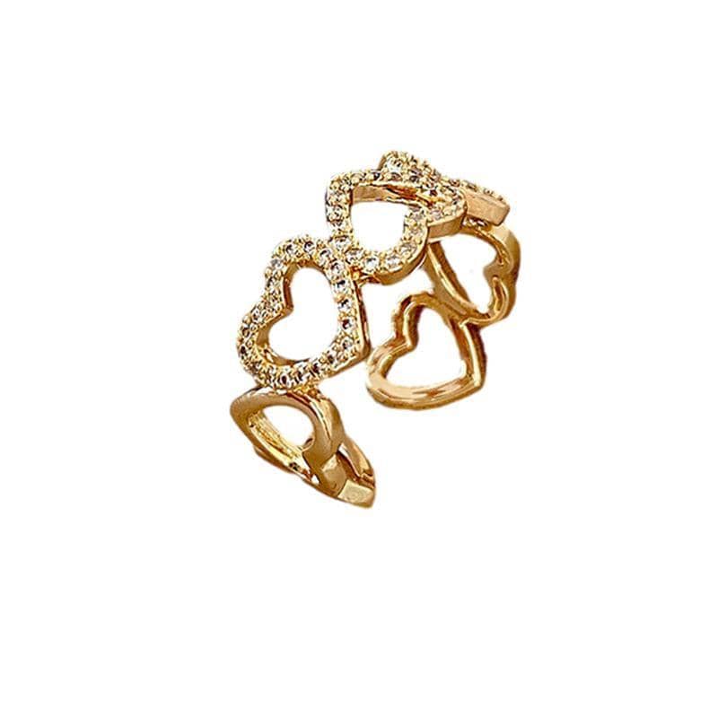 Adjustable Gold Ring for Women - Hollow Hearts with Clear Stones