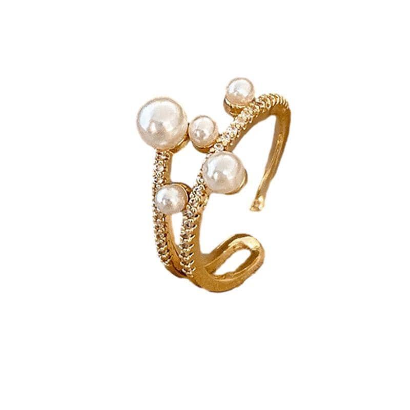 Adjustable Gold Ring for Women - Layered Band with Pearl-Style Beads