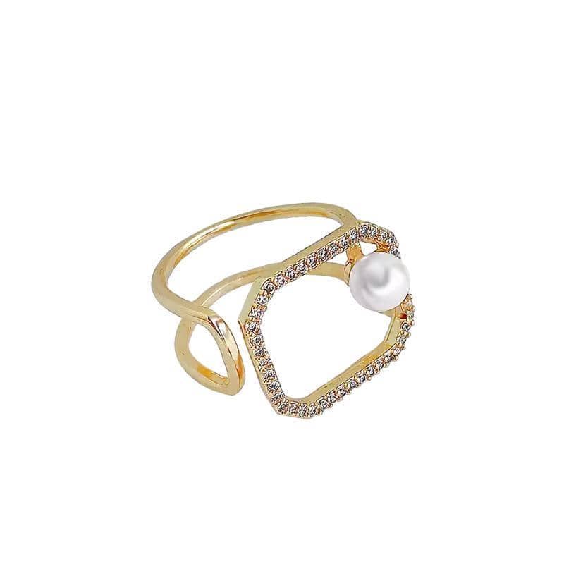 Adjustable Gold Ring for Women - Open Square Frame with Pearl-Style Bead