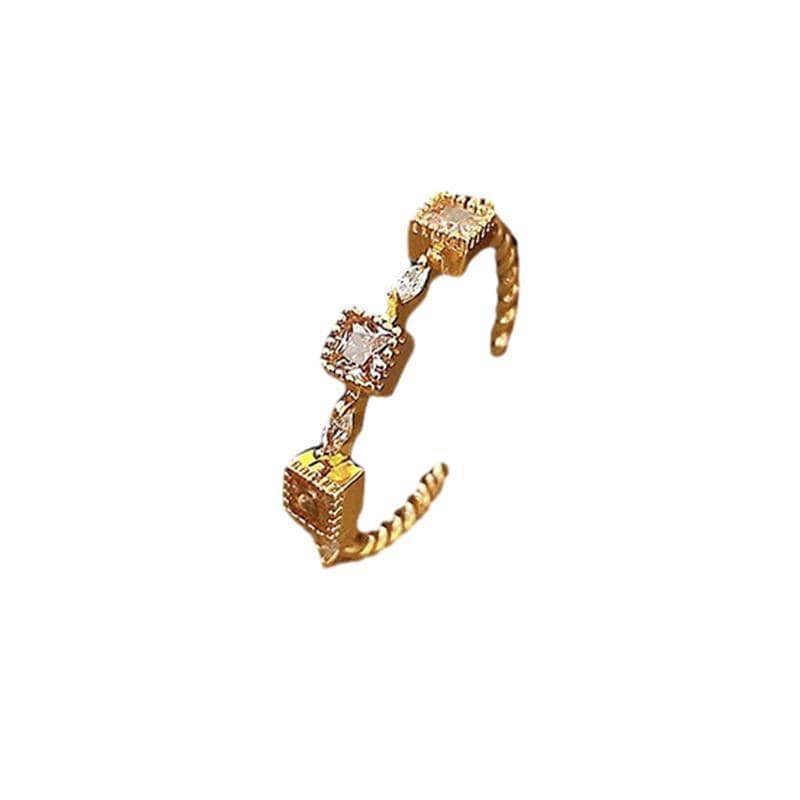 Adjustable Gold Ring for Women - Square Clear Stones on Twisted Band