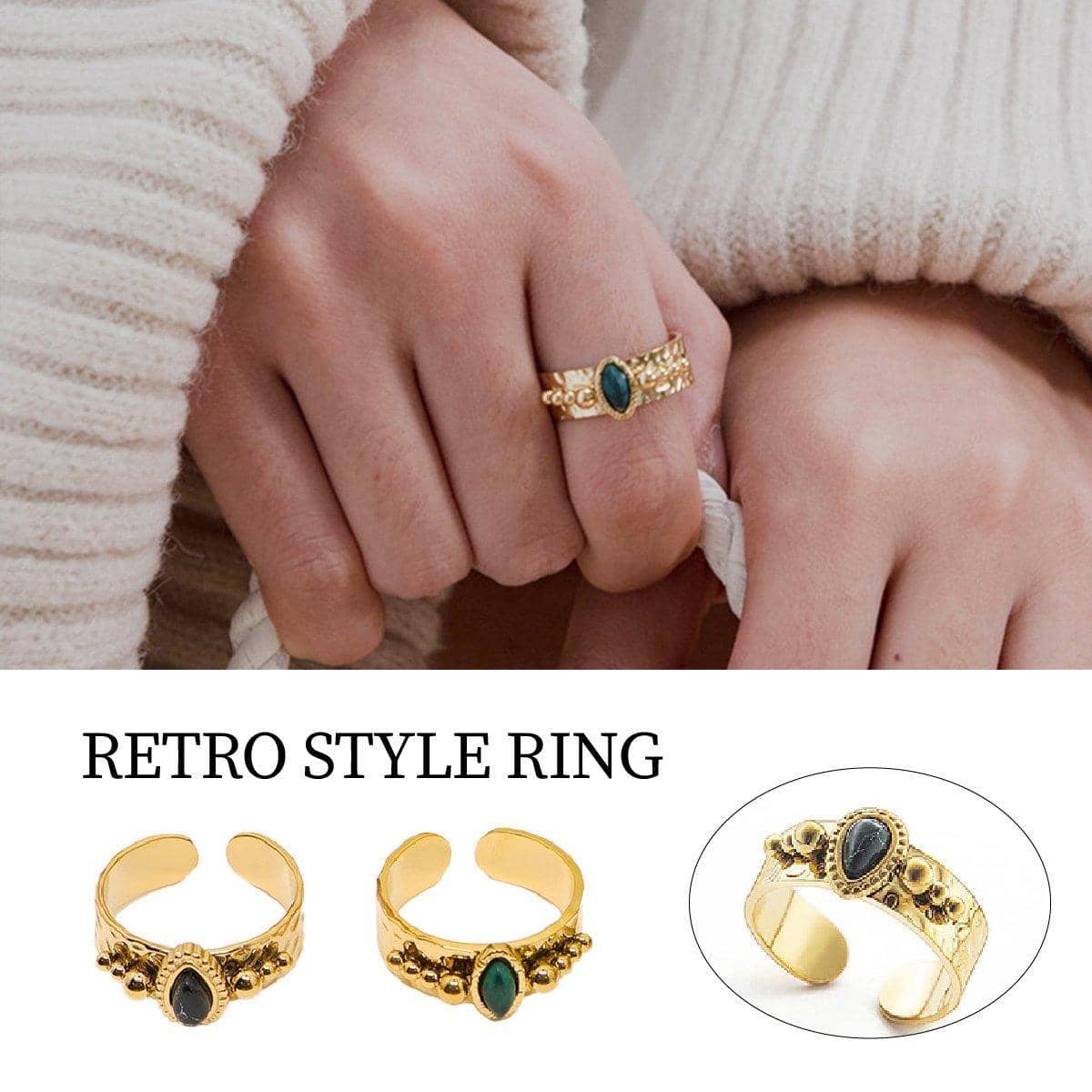 Adjustable Gold Tone Stainless Steel Boho Ring with Natural Stone - Black - view 2
