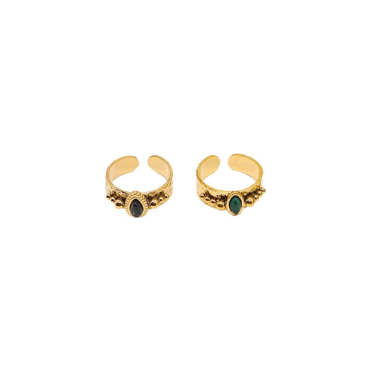 Adjustable Gold Tone Stainless Steel Boho Ring with Natural Stone - Black - view 3