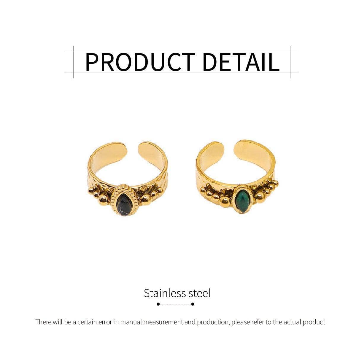Adjustable Gold Tone Stainless Steel Boho Ring with Natural Stone - Black - view 4