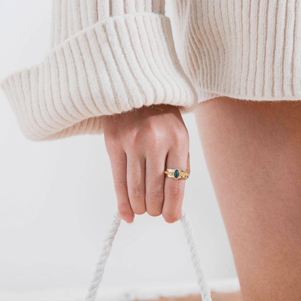 Adjustable Gold Tone Stainless Steel Boho Ring with Natural Stone - Black - view 5