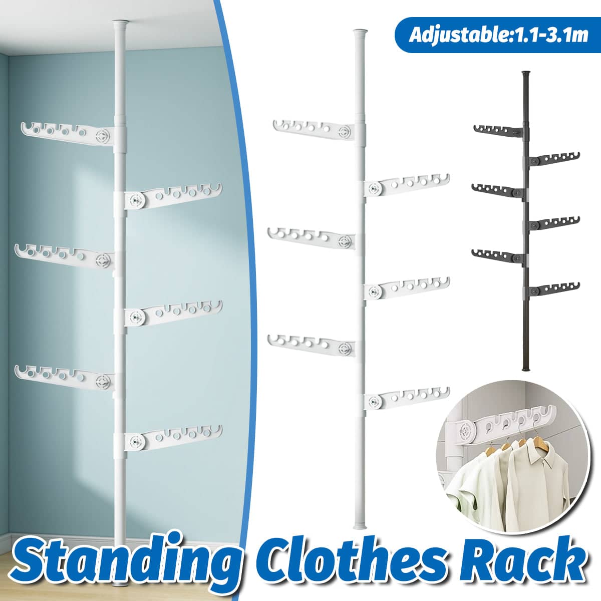 Adjustable Height 1.1 to 3.1 m Standing Clothes Rack with Rotating Brackets - White - view 2