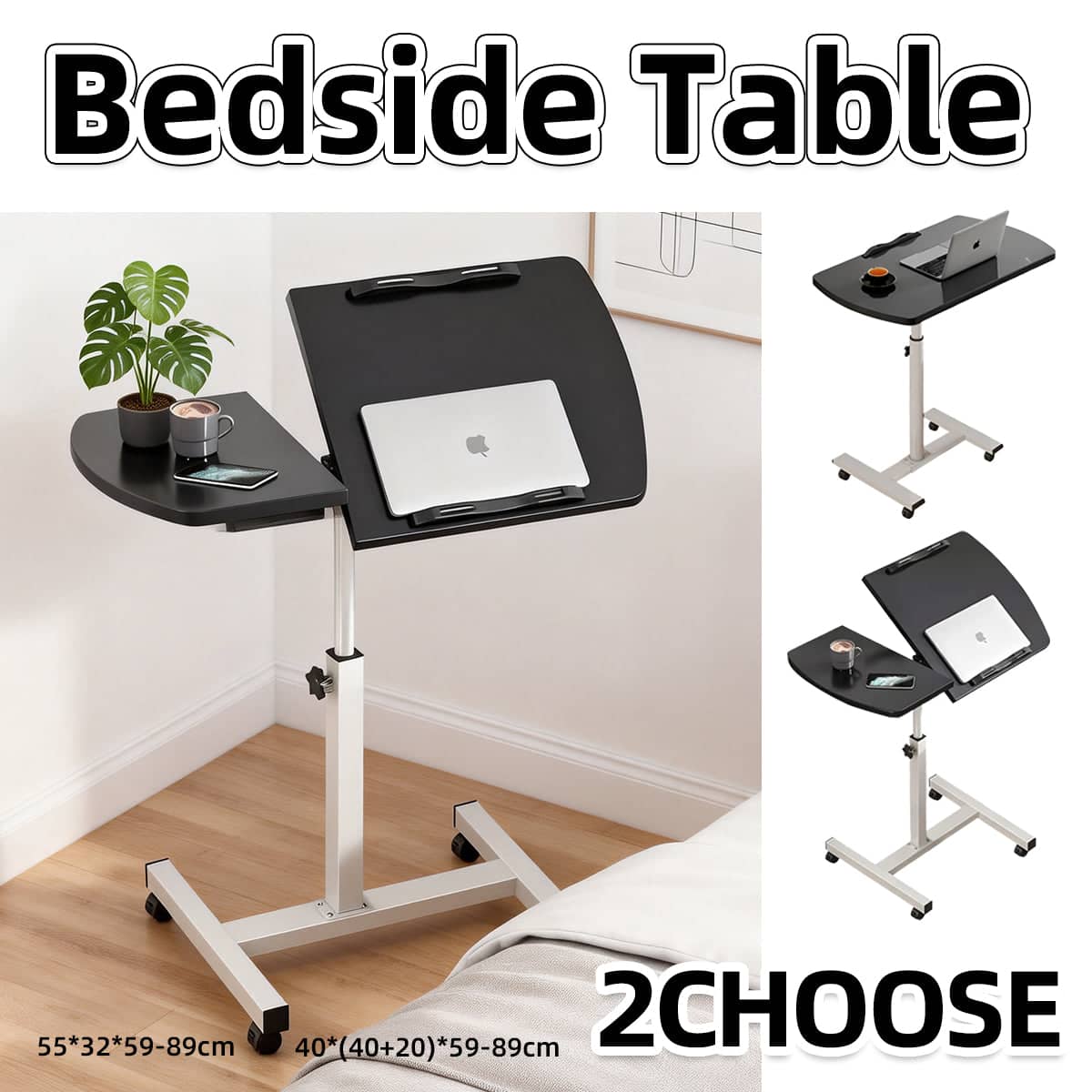 Adjustable Height Bedside Laptop Desk, One-Piece Top - Foldable on Wheels - view 2