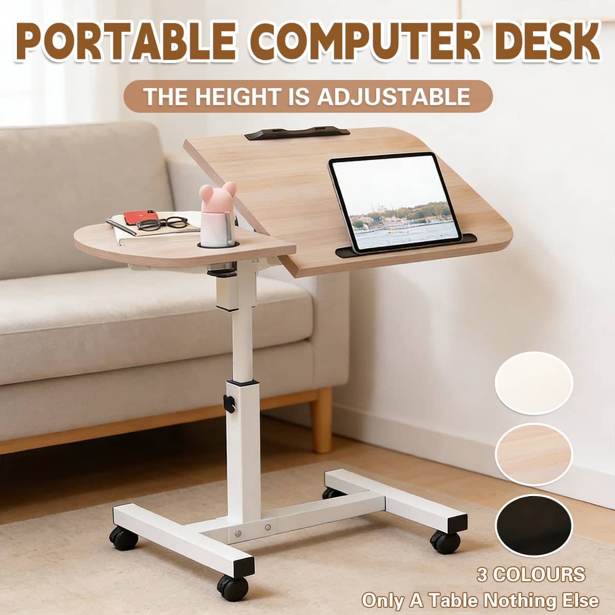 Adjustable Height Laptop Desk with Wheels and Tilting Top - Light Wood - view 2