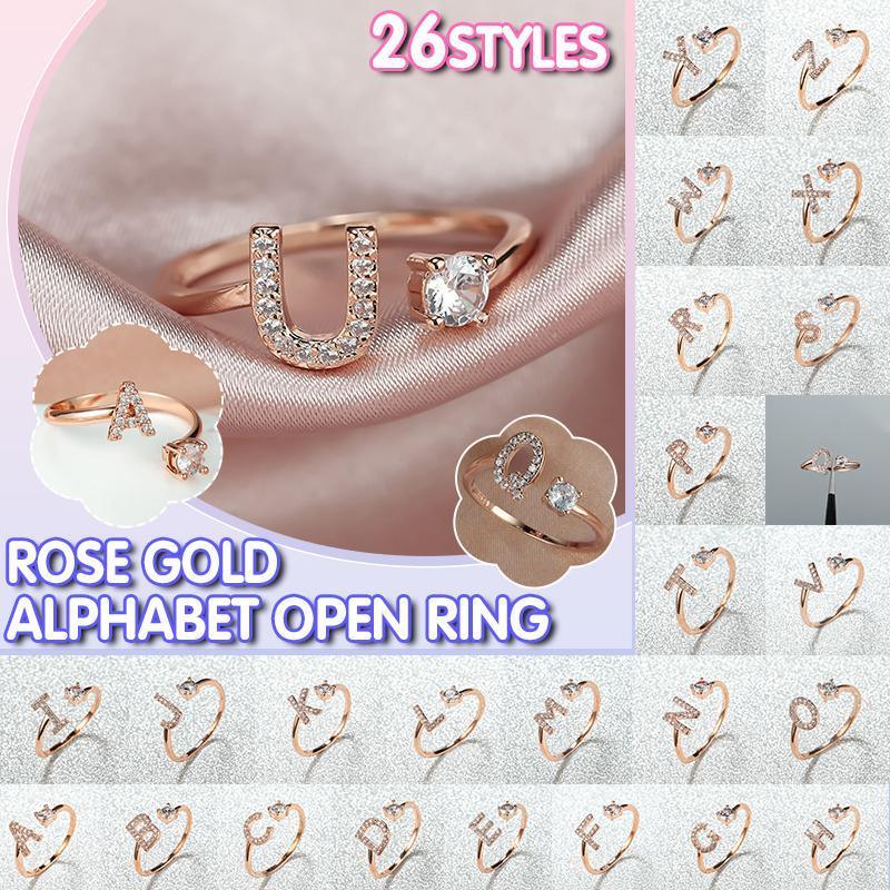 Adjustable Initial Ring with Zircon - Rose Gold, Letter A - view 2