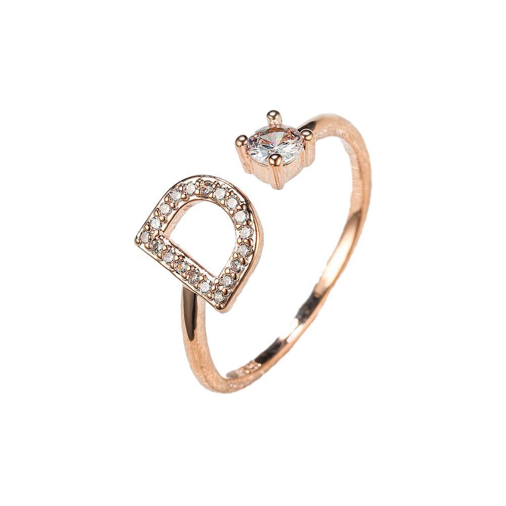 Adjustable Initial Ring with Zircon - Rose Gold, Letter D