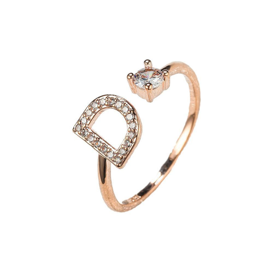 Adjustable Initial Ring with Zircon - Rose Gold, Letter D