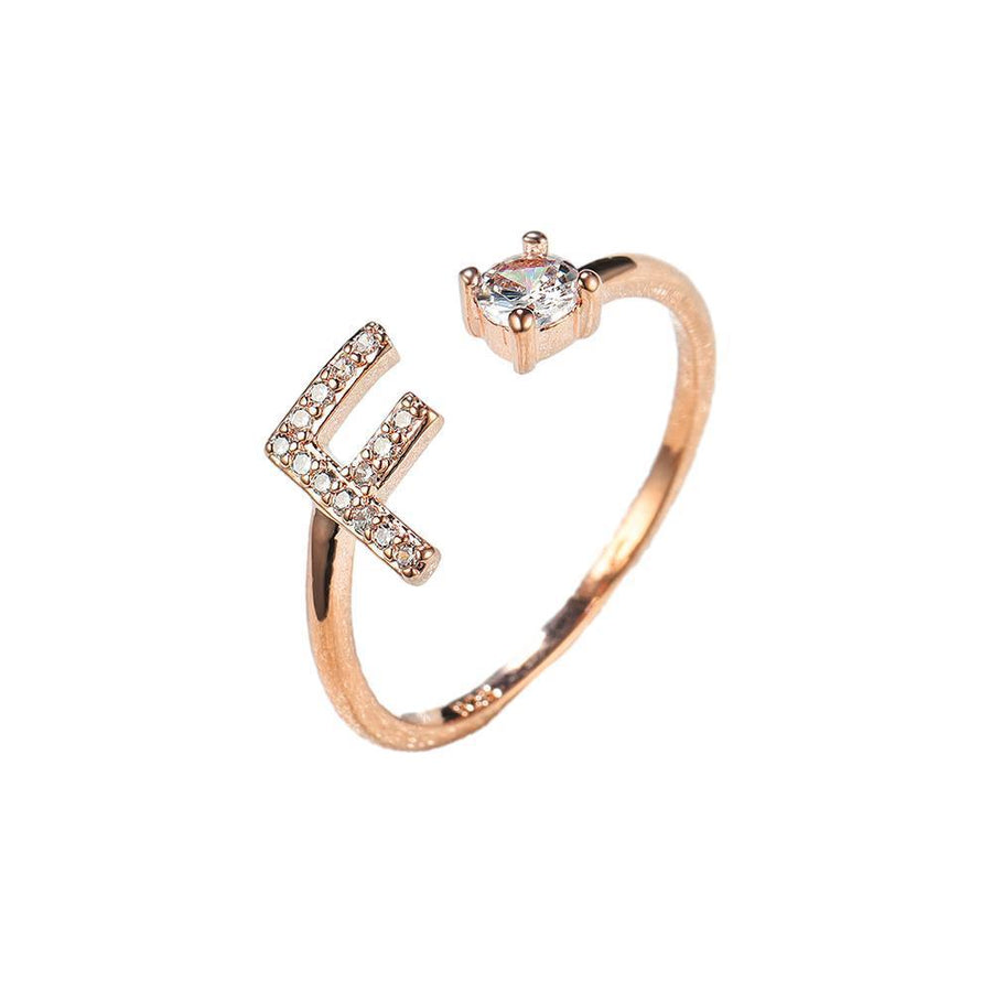 Adjustable Initial Ring with Zircon - Rose Gold, Letter F