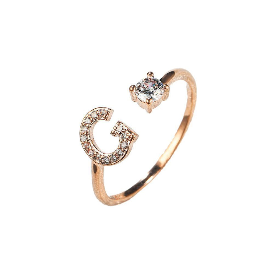 Adjustable Initial Ring with Zircon - Rose Gold, Letter G