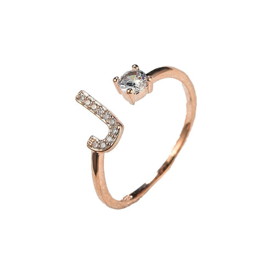 Adjustable Initial Ring with Zircon - Rose Gold, Letter J