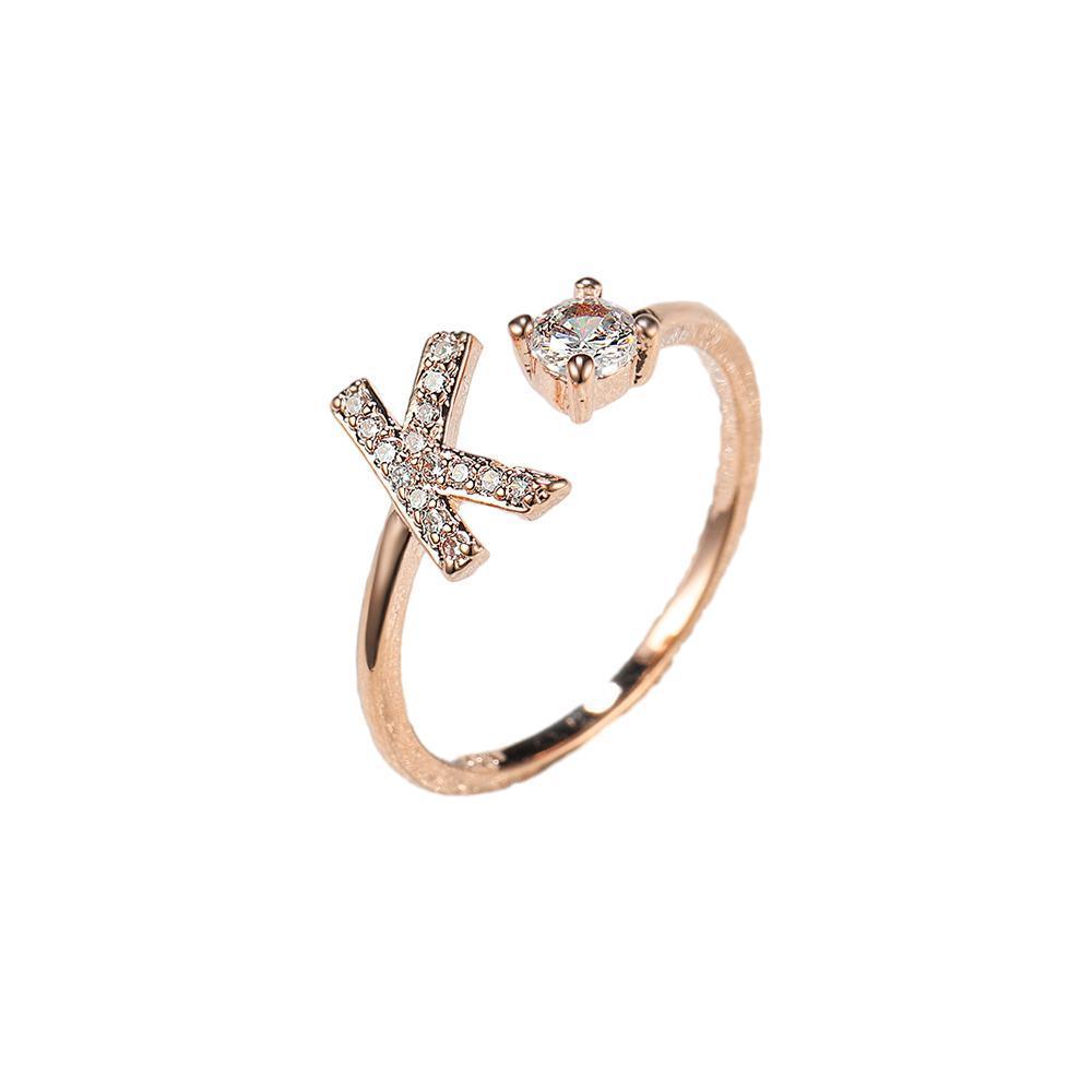 Adjustable Initial Ring with Zircon - Rose Gold, Letter K