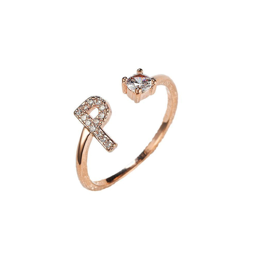 Adjustable Initial Ring with Zircon - Rose Gold, Letter P