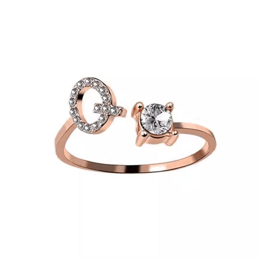Adjustable Initial Ring with Zircon - Rose Gold, Letter Q