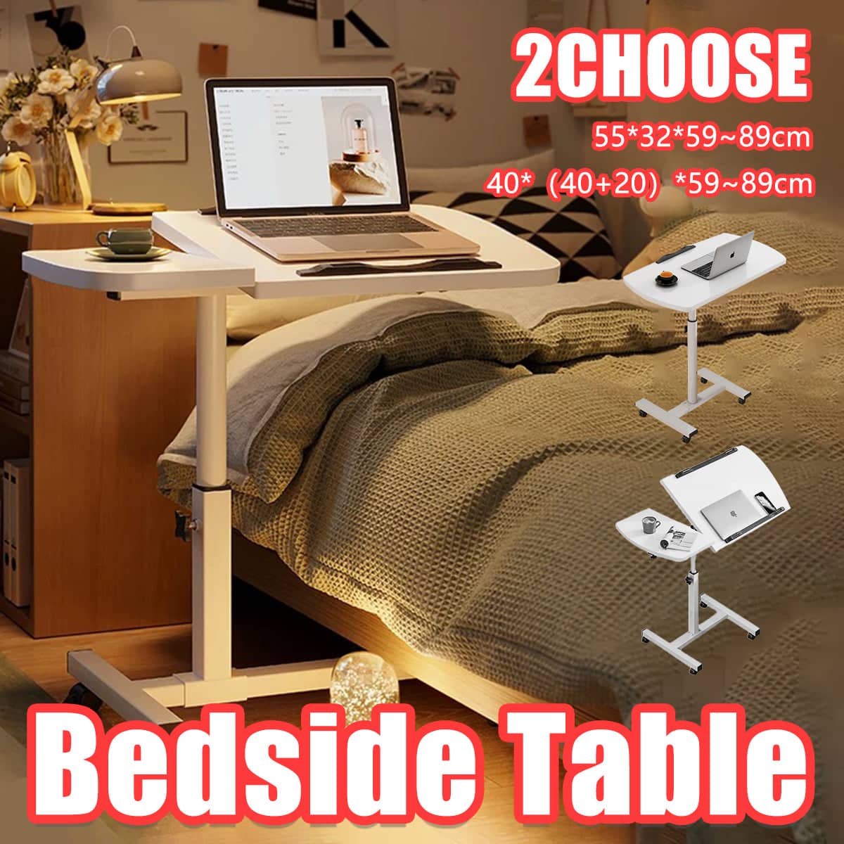 Adjustable Laptop Desk for Bed, Folding Table with Tilt Top and Casters - White - view 2