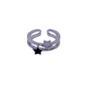 Adjustable Open Double Band Ring with Black and White Stars - Silver-Tone