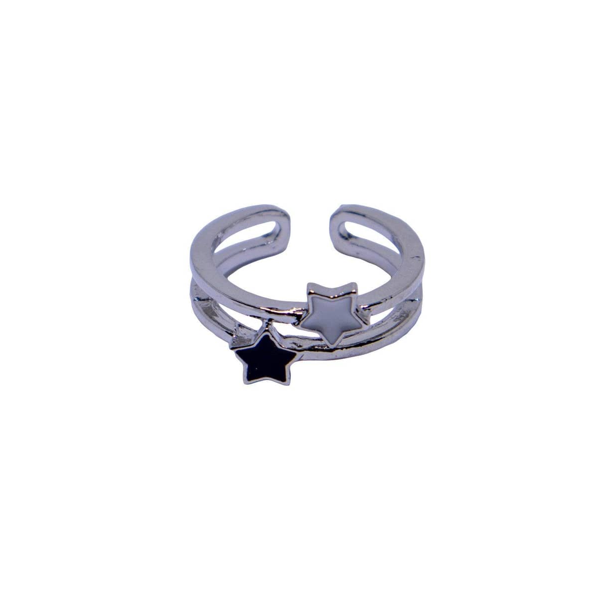 Adjustable Open Double Band Ring with Black and White Stars - Silver-Tone