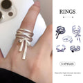 Adjustable Open Double Band Ring with Black and White Stars - Silver-Tone - view 2