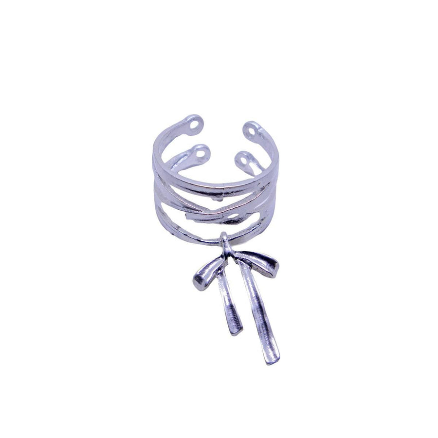Adjustable Open Ring with Hanging Bow Charm - Silver-Tone Triple Band