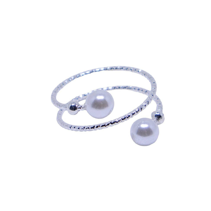 Adjustable Open Wrap Ring with Two Pearl Beads - Silver-Tone